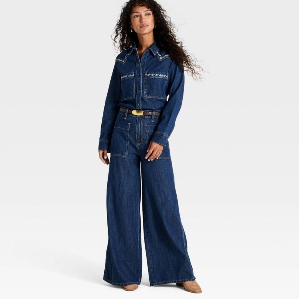 Women's Palazzo Wide Leg Jeans - Universal Thread Dark Rinse Wash 12 - Picture 3 of 3